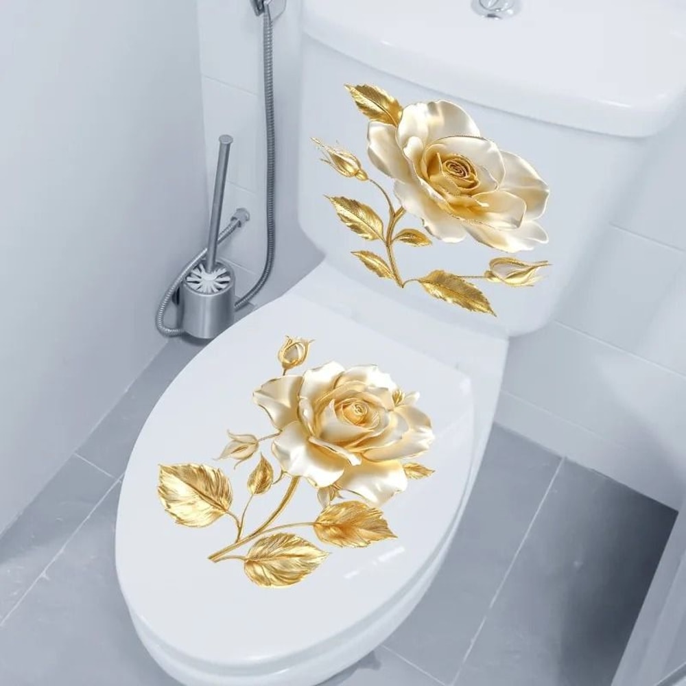 Golden Floral Toilet Decal Set 2Piece Waterproof Bathroom Decor Elegant SelfAdhesive Sanctuary Ar 7