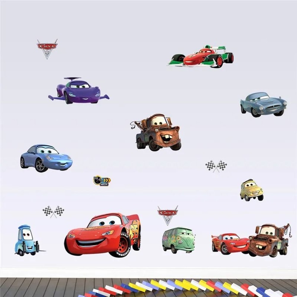 3D Cartoon Cars Breakthrough Wall Decal Lightning McQueen Racing Mural HighFidelity Kids Room Pl 0