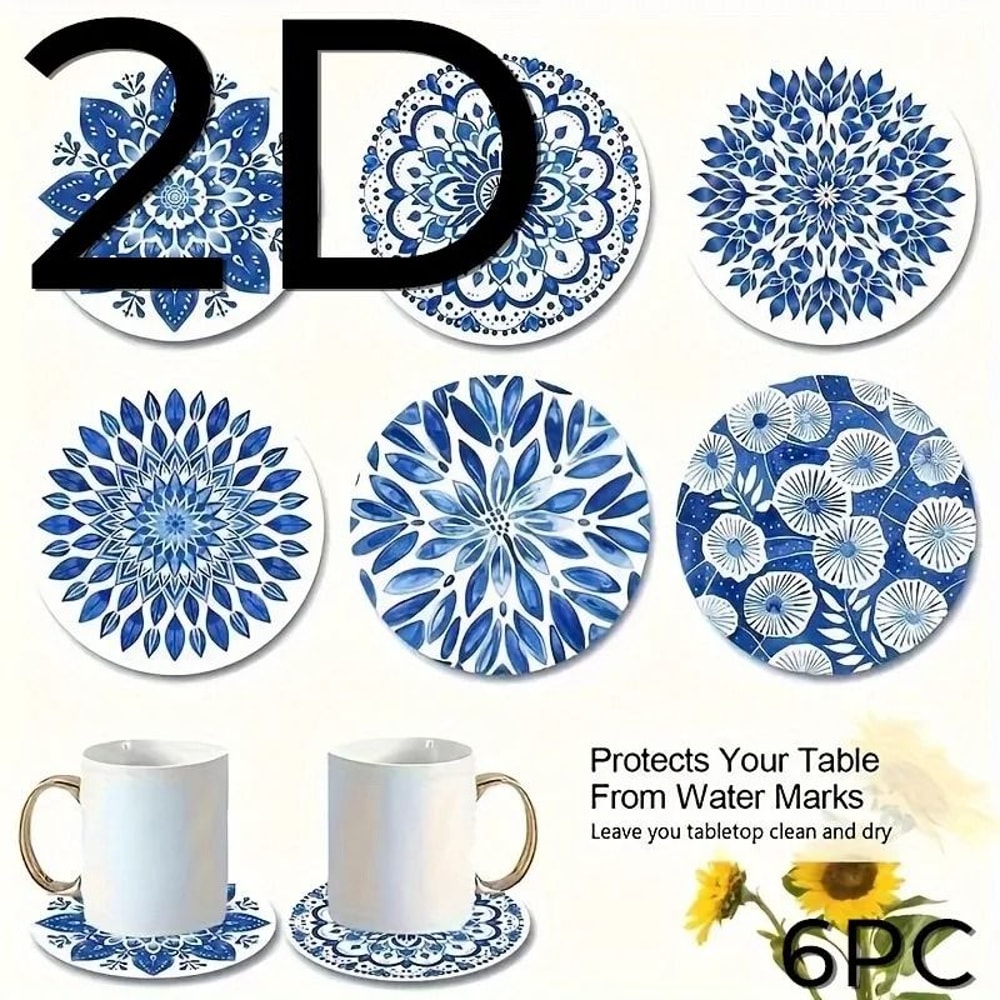 Blue Celadon Theme Wooden Coasters 6pc CeramicAesthetic Desk Mats Desktop Insulating Coffee Cup D 5