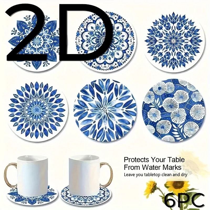 Blue Celadon Theme Wooden Coasters 6pc CeramicAesthetic Desk Mats Desktop Insulating Coffee Cup D 5