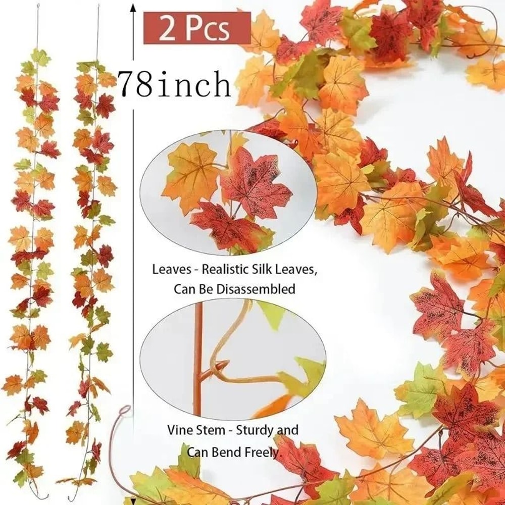 Artificial Fall Maple Leaf Garland 2M Autumn Foliage Vine Thanksgiving Halloween Festival Decor 5