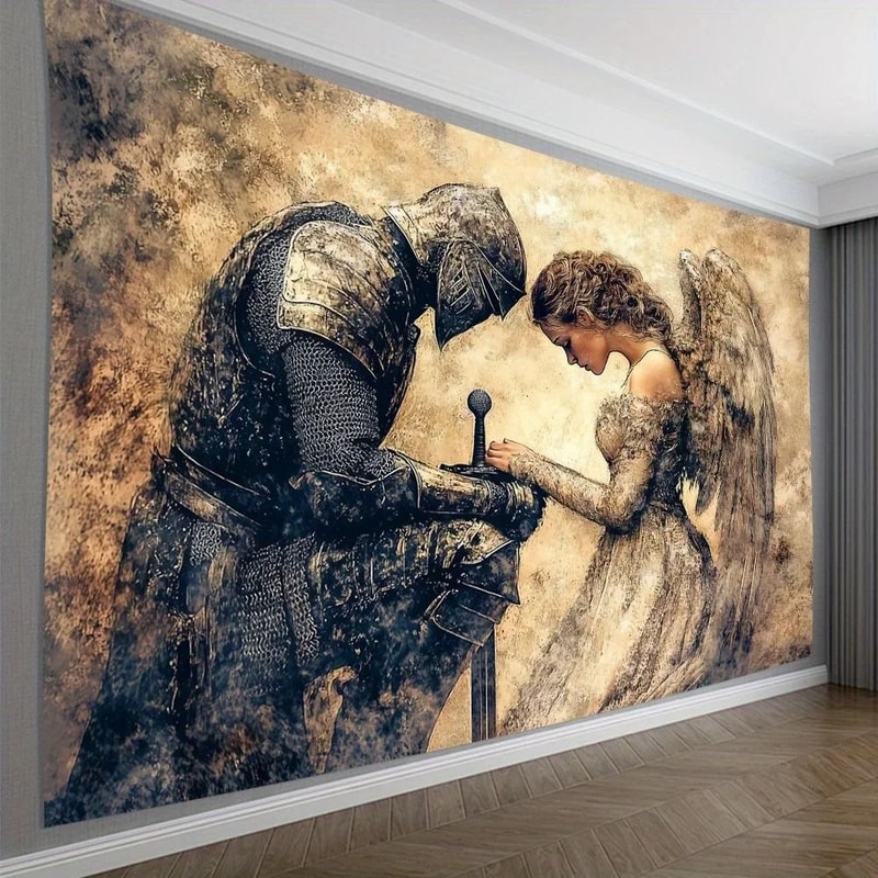 Vintage Knight Angel Tapestry Medieval Prayer Front Scene Mural Elegant Polyester Fabric Wall Ha 2