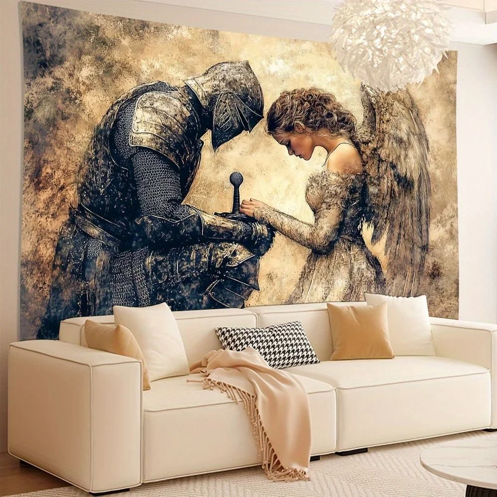 Vintage Knight Angel Tapestry Medieval Prayer Front Scene Mural Elegant Polyester Fabric Wall Ha 3