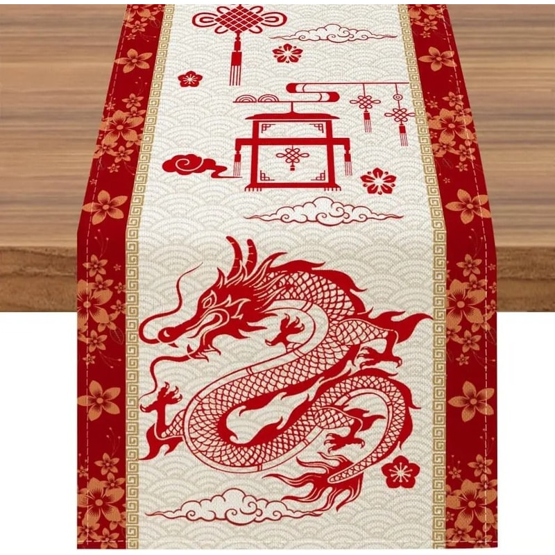 Spring Festival Horse Year Linen Runner 2026 Lunar New Year Dining Decor Professional Red Gold H 0