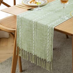 sage green boho table runner | rustic tassels & braided linen | professional farmhouse dining & wedding decor