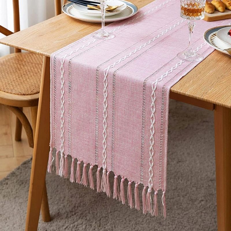 Sage Green Boho Table Runner Rustic Tassels Braided Linen Professional Farmhouse Dining Wedding 9