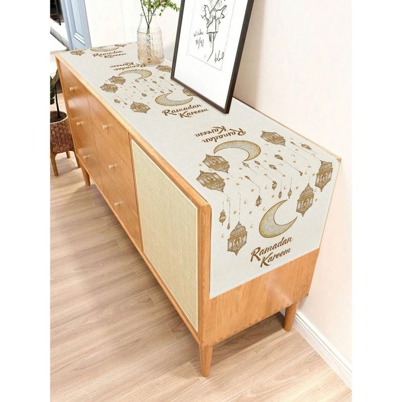 Ramadan Kareem Linen Runner Eid Mubarak Moon Lantern Decor Professional Islamic Festival Dining 2