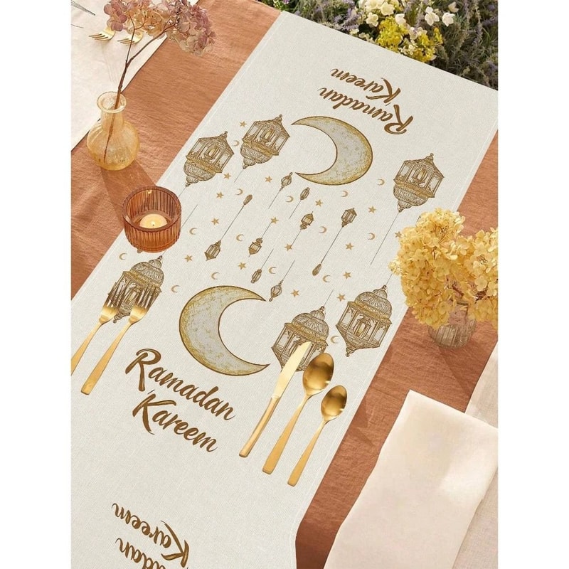 Ramadan Kareem Linen Runner Eid Mubarak Moon Lantern Decor Professional Islamic Festival Dining 3