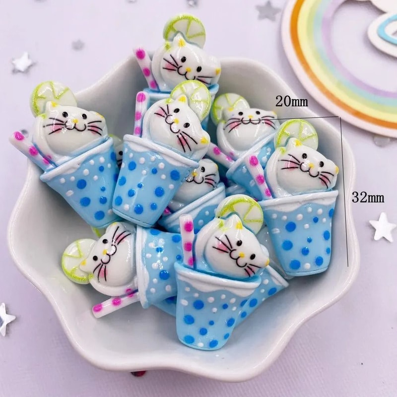 Kawaii Cartoon Cat Drink Figurines 10pc Resin Fruit Cup Charms Professional DIY Craft Home Decor 11