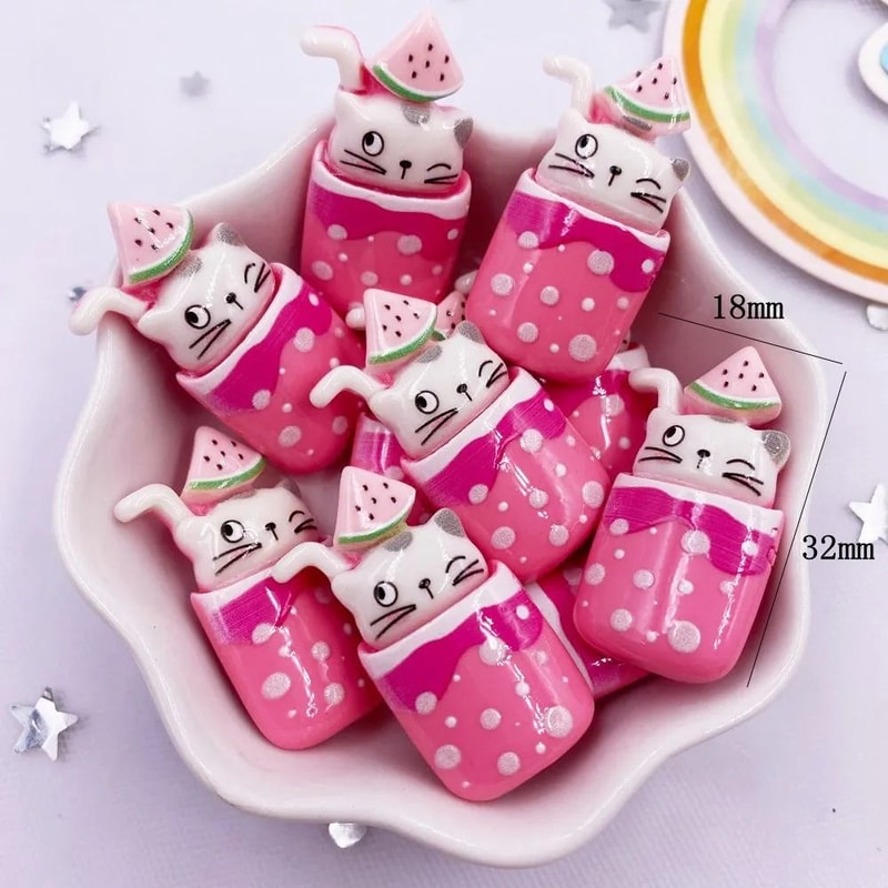 Kawaii Cartoon Cat Drink Figurines 10pc Resin Fruit Cup Charms Professional DIY Craft Home Decor 12