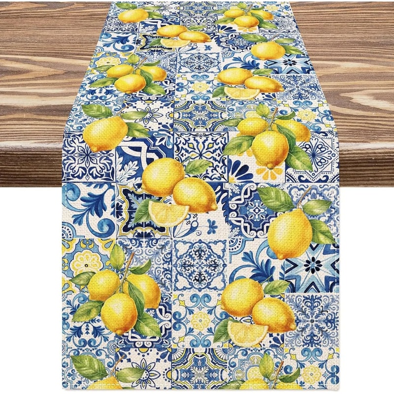 Summer Lemon Tiles Linen Table Runner Farmhouse Kitchen Holiday Decor Executive Dining Sanctuary 0
