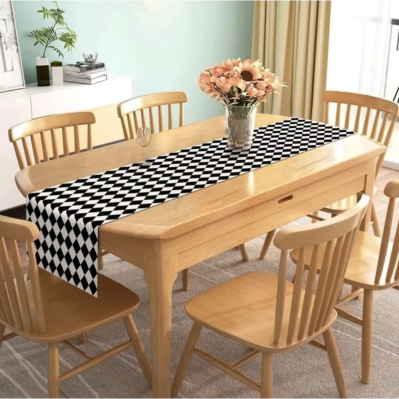 Black White Diamond Lattice Table Runner Buffalo Plaid Linen Decor Executive Kitchen Dining Sanc 1