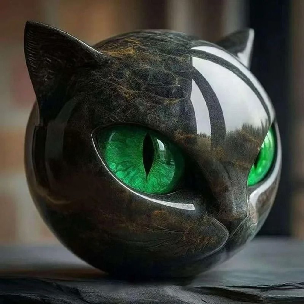 ObsidianGlaze Feline Sculpture EmeraldEye Cat Head Figurine Executive Studio Mystique Sanctuary 9