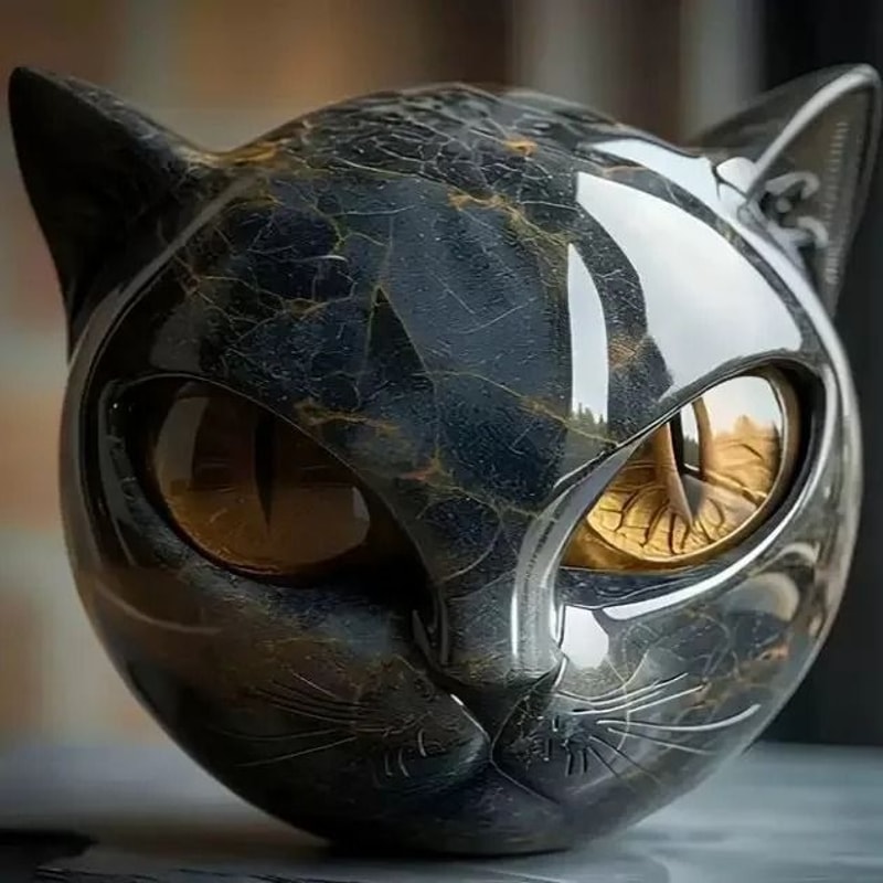 ObsidianGlaze Feline Sculpture EmeraldEye Cat Head Figurine Executive Studio Mystique Sanctuary 6
