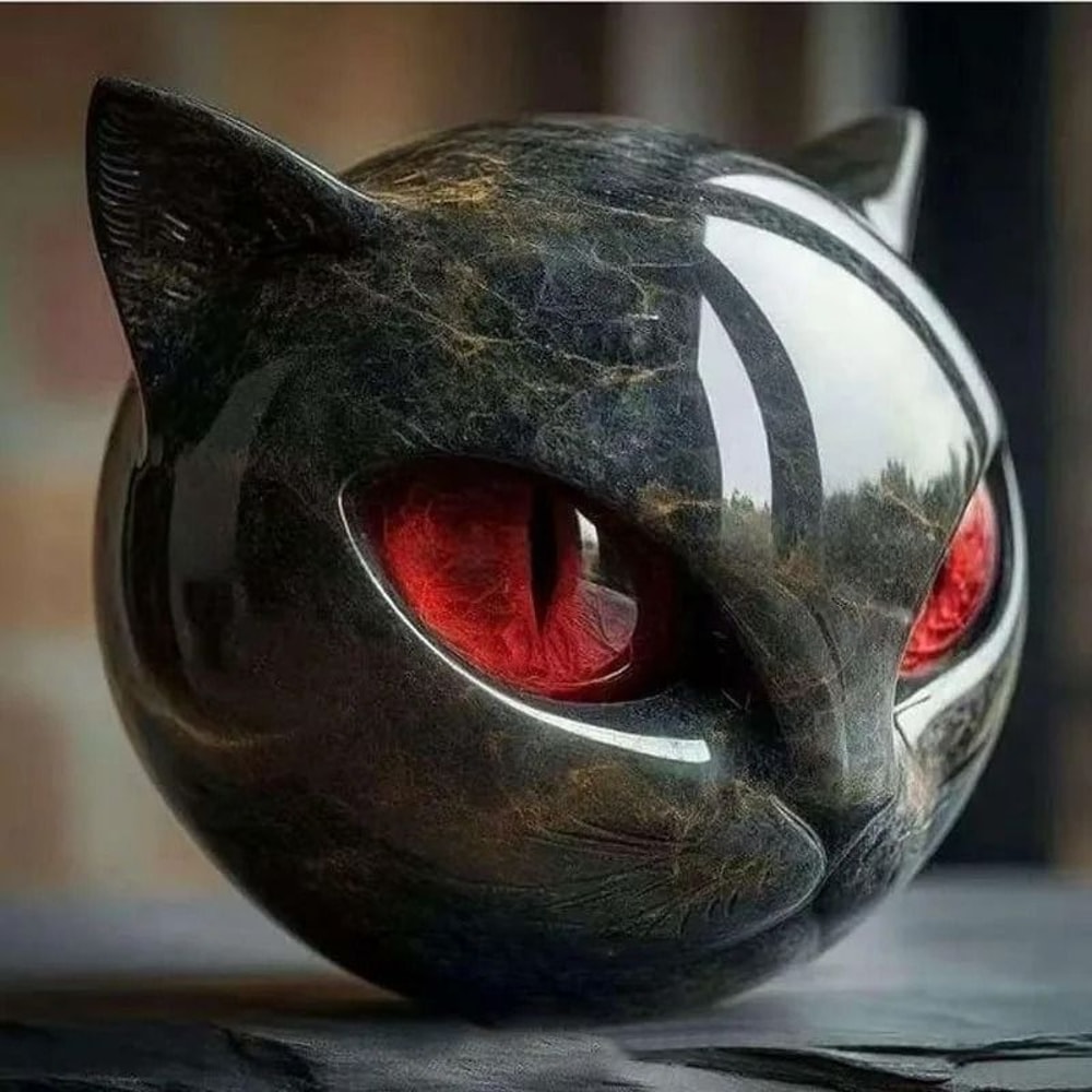 ObsidianGlaze Feline Sculpture EmeraldEye Cat Head Figurine Executive Studio Mystique Sanctuary 7
