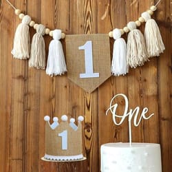 boho 1st birthday botanical banner set | linen tassel garland & crown | executive nursery & studio decor