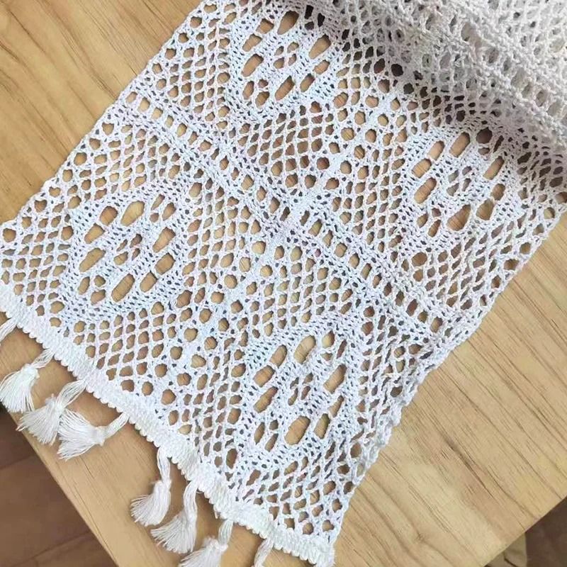 Vintage Artisan Crochet Table Runner Beige Cotton Lace With Tassels Executive Home Studio Sanctu 10