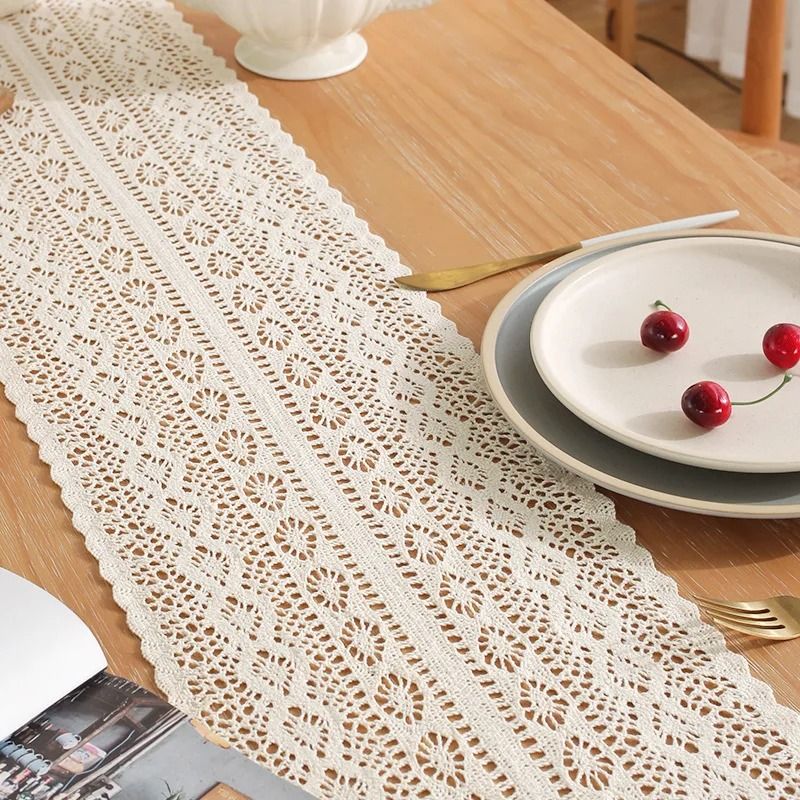 Vintage Artisan Crochet Table Runner Beige Cotton Lace With Tassels Executive Home Studio Sanctu 2