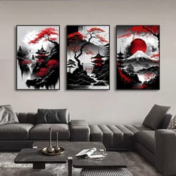 vintage nippon landscape triptych | black & red japanese canvas art | executive studio & zen sanctuary decor