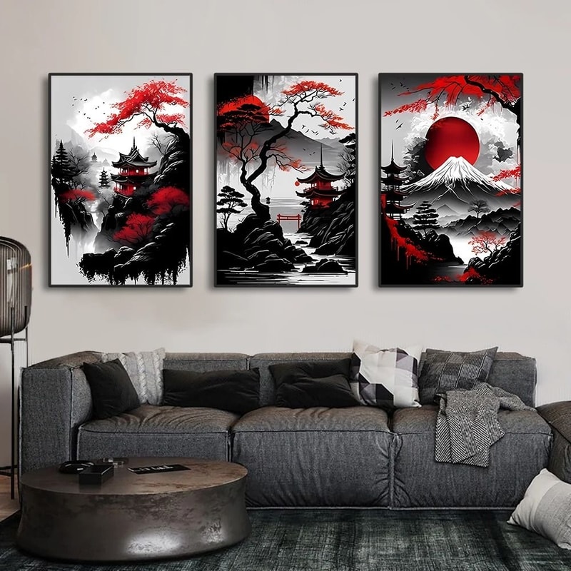 Vintage Nippon Landscape Triptych Black Red Japanese Canvas Art Executive Studio Zen Sanctuary 2