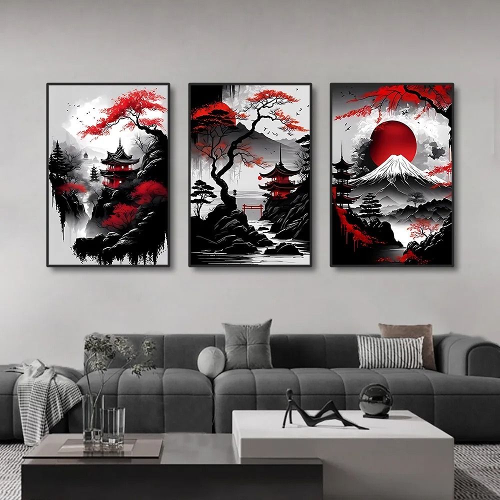 Vintage Nippon Landscape Triptych Black Red Japanese Canvas Art Executive Studio Zen Sanctuary 3