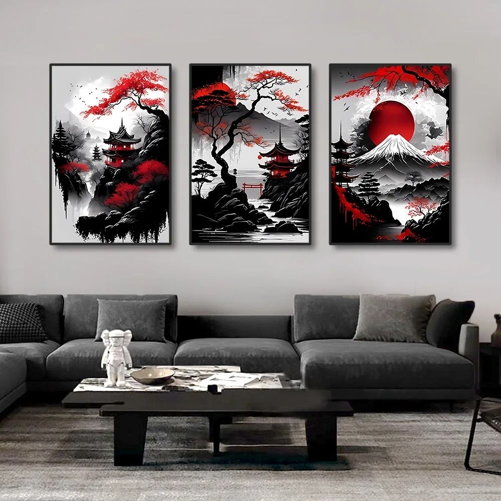 Vintage Nippon Landscape Triptych Black Red Japanese Canvas Art Executive Studio Zen Sanctuary 4