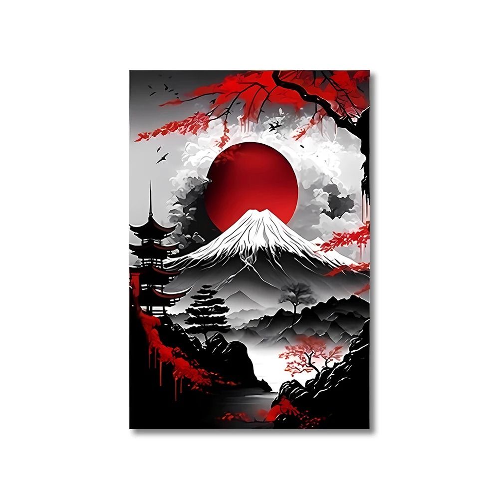 Vintage Nippon Landscape Triptych Black Red Japanese Canvas Art Executive Studio Zen Sanctuary 6