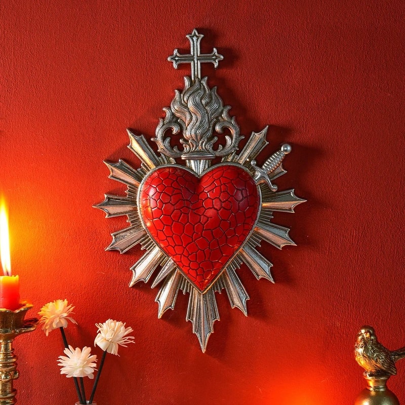Sacred Heart BasRelief Flaming Heart Dagger Wall Sculpture Executive Studio Gothic Sanctuary De 1