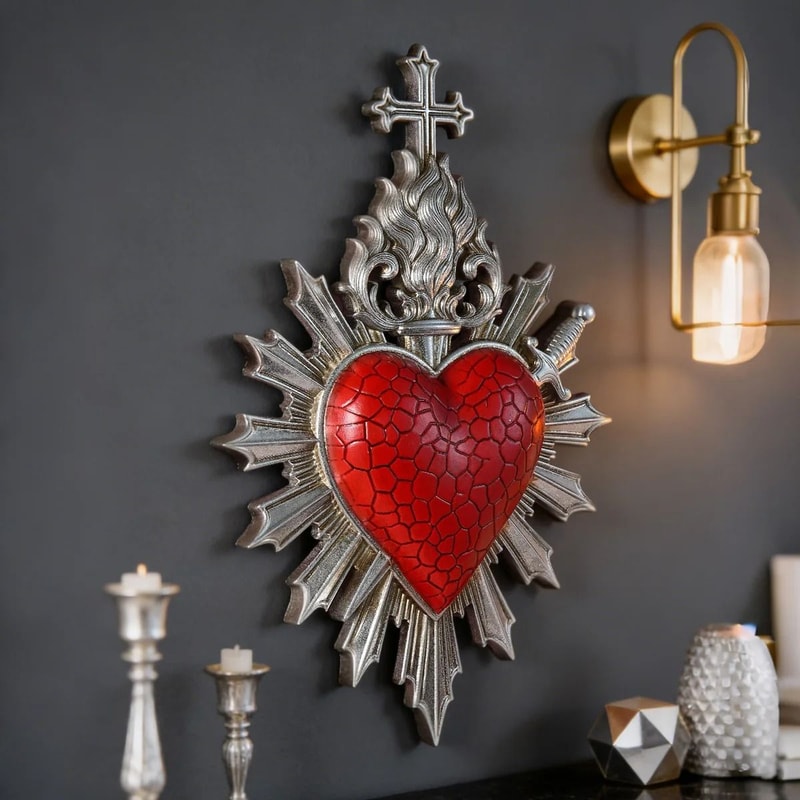 Sacred Heart BasRelief Flaming Heart Dagger Wall Sculpture Executive Studio Gothic Sanctuary De 3