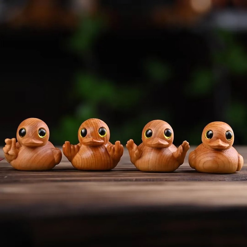 Artisan HandCarved Duckling Solid Wood Miniature Sculpture Executive Desk Playful Sanctuary Deco 0