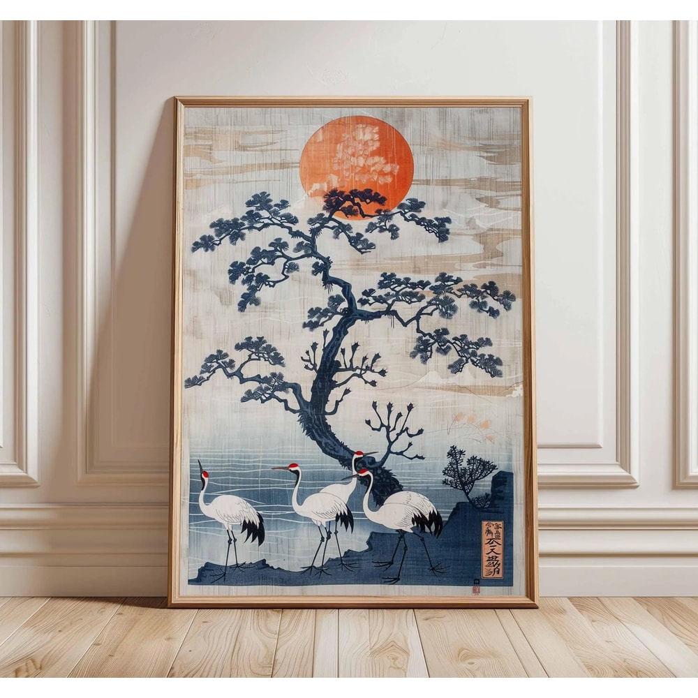 Crimson Solar Crane Vintage Ukiyoe Archival Print Executive Studio Traditional Zen Sanctuary Dec 2