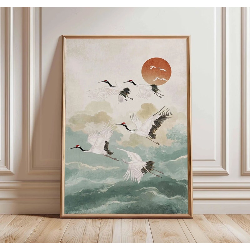 Crimson Solar Crane Vintage Ukiyoe Archival Print Executive Studio Traditional Zen Sanctuary Dec 15
