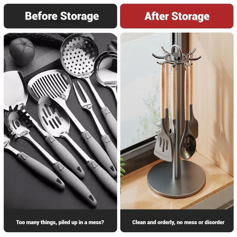 Rotating Kitchen Utensil Stand 8Hook Countertop Storage Hanger Professional Culinary Tool Organiz 2