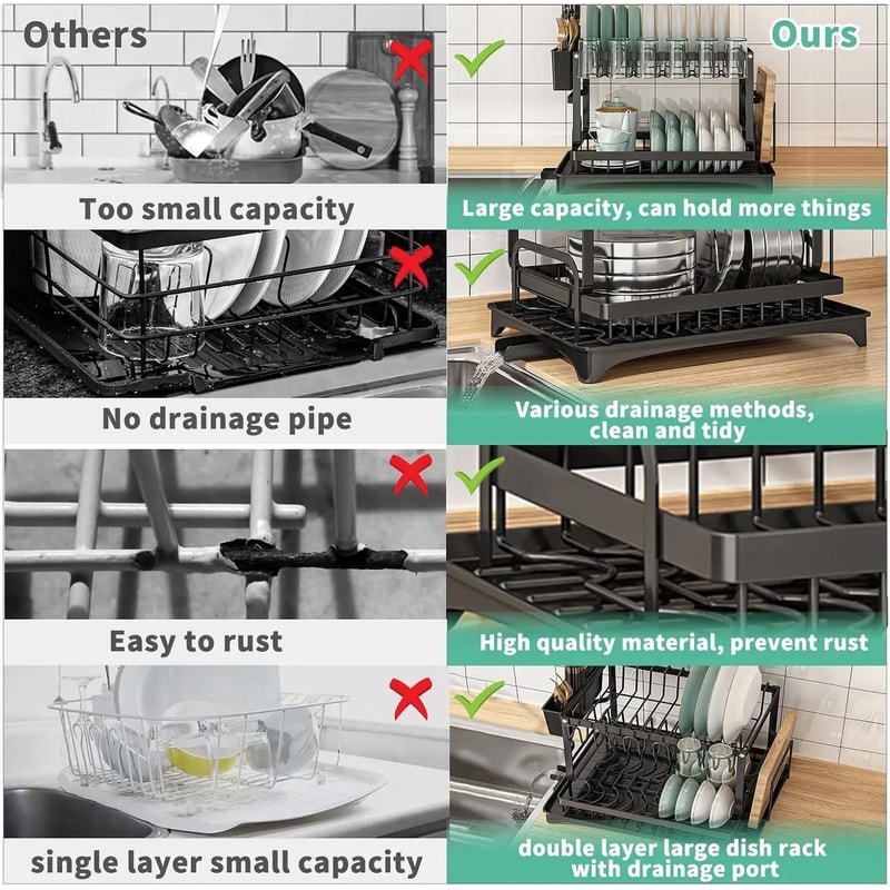 2Tier Metal Dish Drying Rack Countertop Drainer With Drip Tray HeavyDuty Culinary Finishing Syste 3