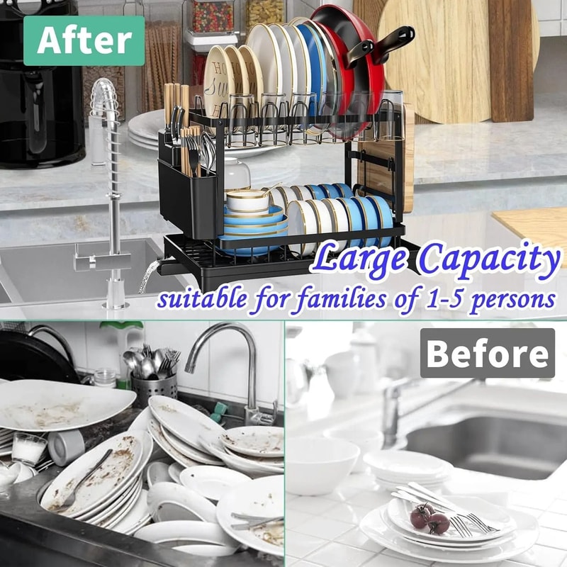 2Tier Metal Dish Drying Rack Countertop Drainer With Drip Tray HeavyDuty Culinary Finishing Syste 4