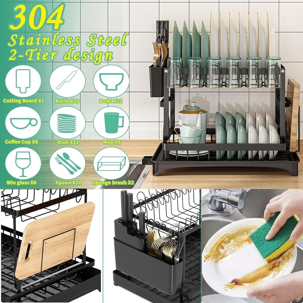 2Tier Metal Dish Drying Rack Countertop Drainer With Drip Tray HeavyDuty Culinary Finishing Syste 5