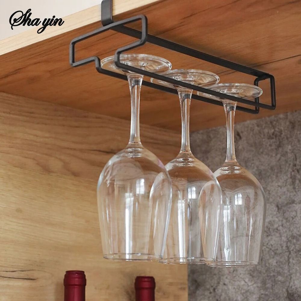 UnderCabinet Inverted Wine Glass Rack NoDrill Iron Hanging Stemware Holder Executive Bar Glass Or 5