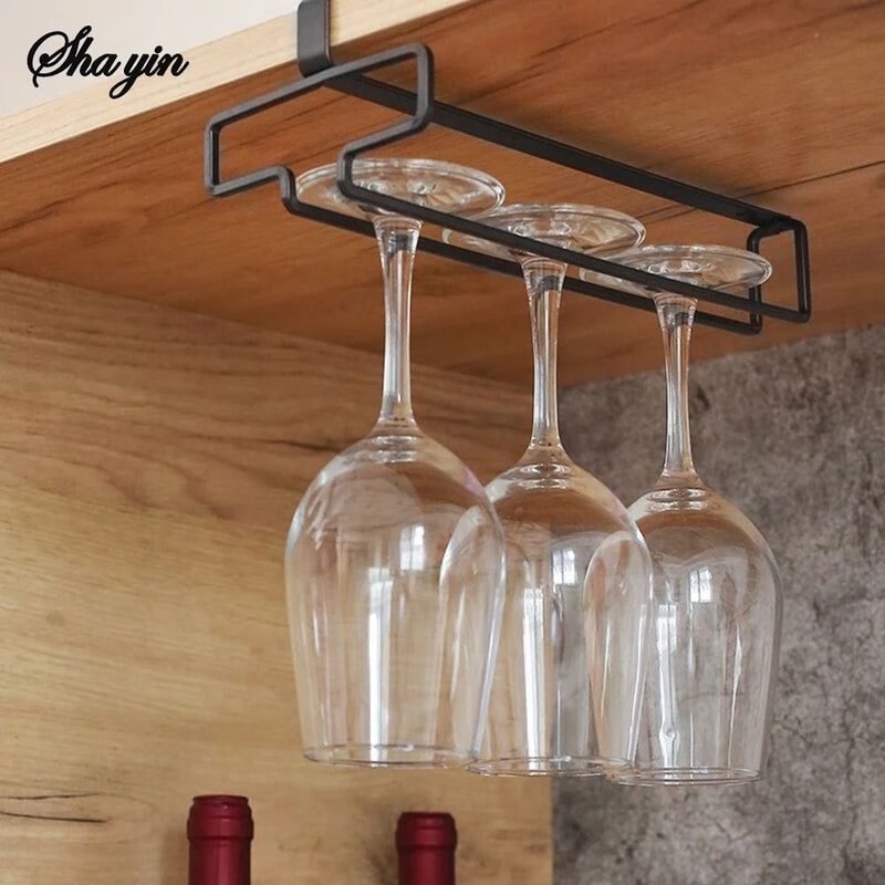 UnderCabinet Inverted Wine Glass Rack NoDrill Iron Hanging Stemware Holder Executive Bar Glass Or 5