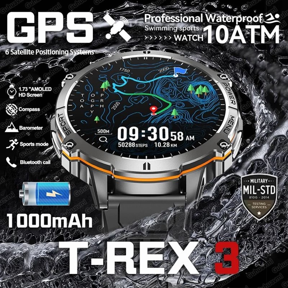 TRex 3 Military Grade Smartwatch 10ATM Waterproof GPS Executive 1000mAh Battery AMOLED Sports Sy 0