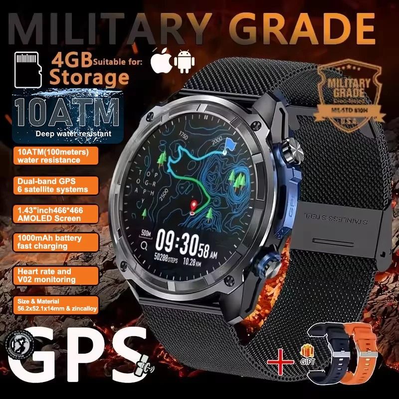 TRex 3 Pro Tactical GPS Smartwatch Offline Maps 4GB Memory 10ATM Military Grade 1000mAh Sports T 9