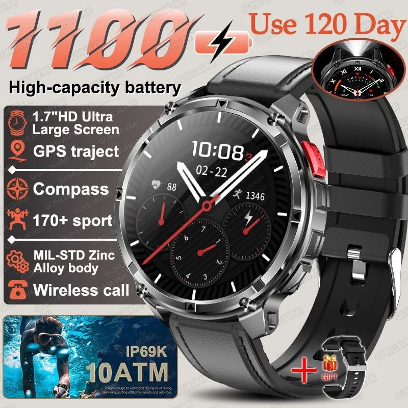 TRex 3 Pro Military Smart Watch 1100mAh Battery GPS Compass Rugged 10ATM Waterproof Sports Track 12