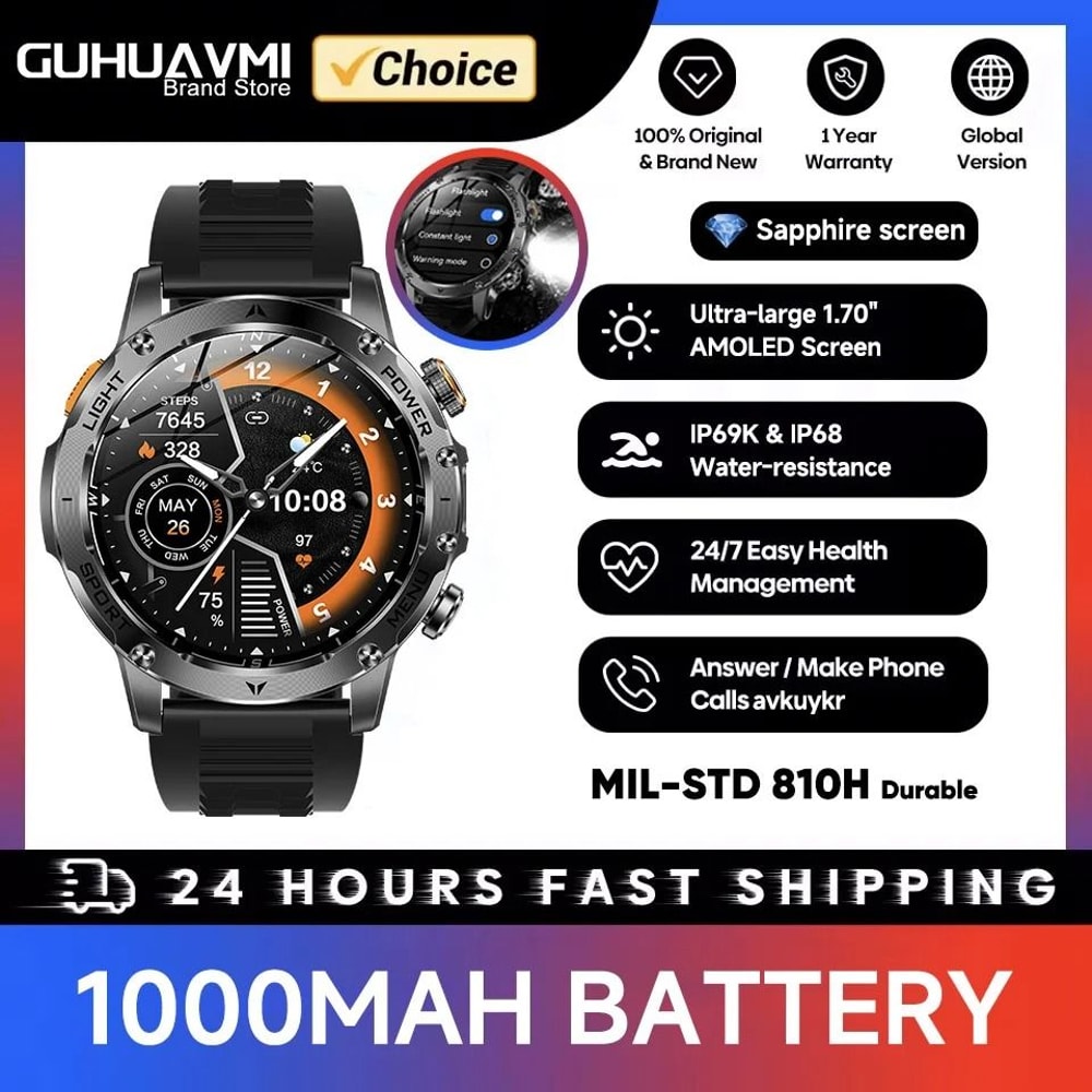 Military Grade 1000mAh Smart Watch AMOLED HD GPS Tracker Executive IP68 Waterproof Sports System 7
