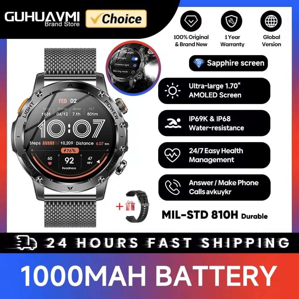 Military Grade 1000mAh Smart Watch AMOLED HD GPS Tracker Executive IP68 Waterproof Sports System 9