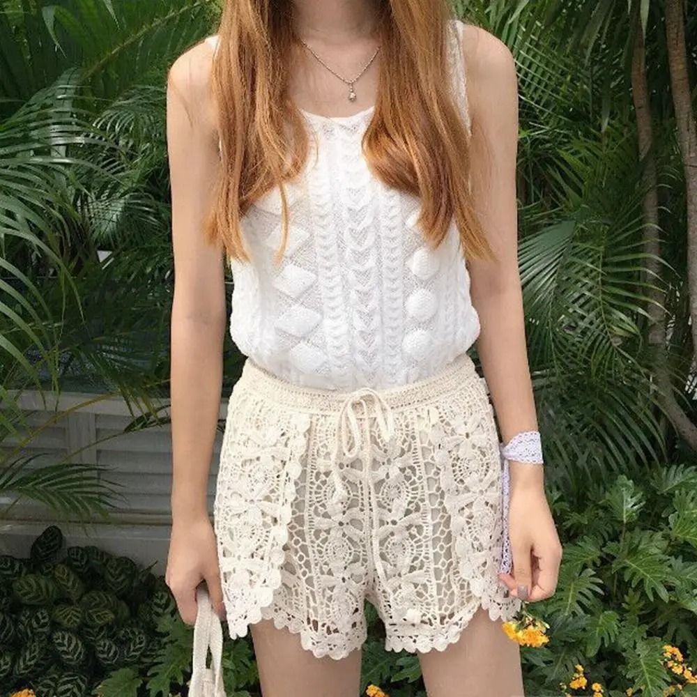 Boho Holiday Crochet Gallery HighFidelity HollowOut LaceUp Shorts Professional Summer Style 1