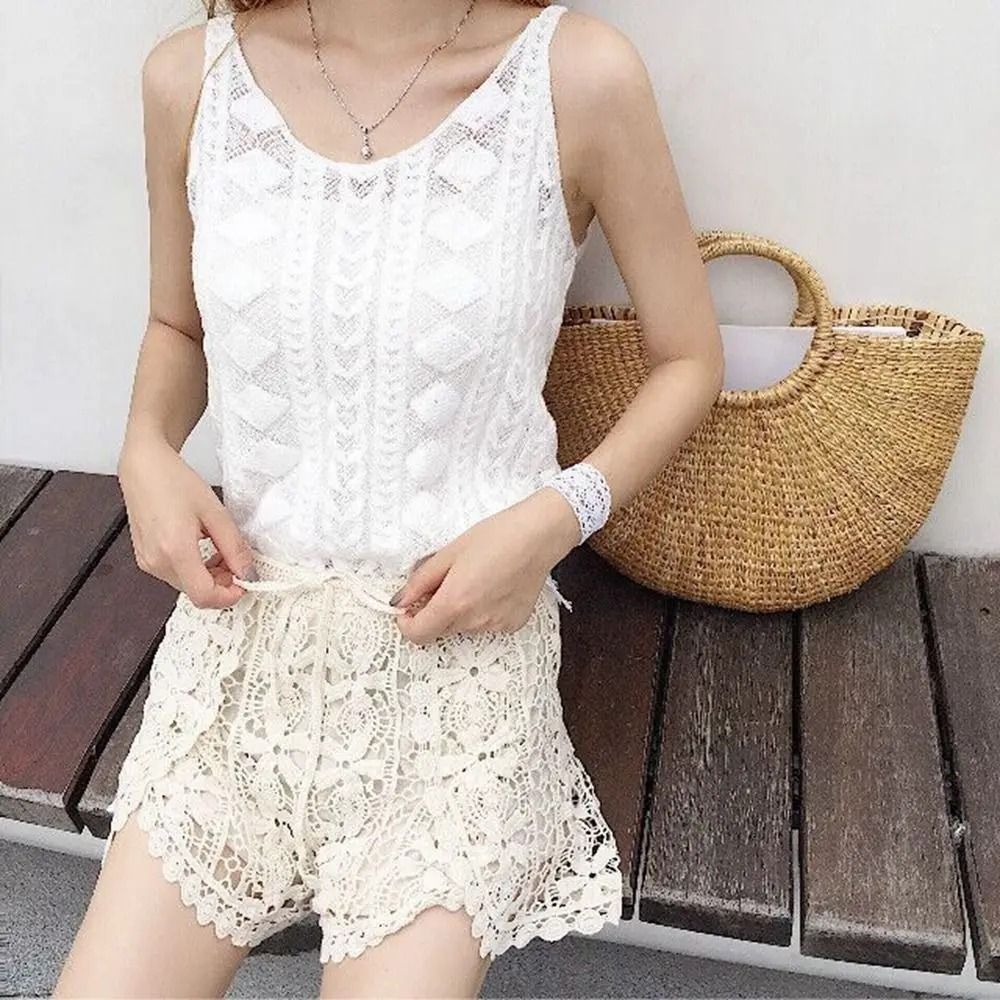 Boho Holiday Crochet Gallery HighFidelity HollowOut LaceUp Shorts Professional Summer Style 2