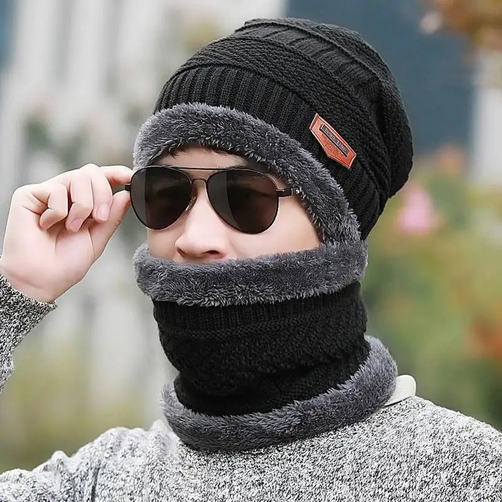 Winter Thermal Fleece Knitted Beanie And Neck Scarf Set 6