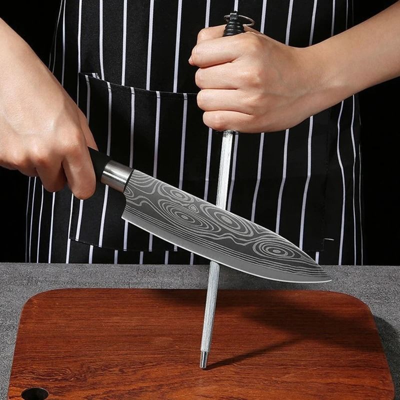 Damascus Pattern Stainless Steel Kitchen Knife And Professional Sharpening Set 3