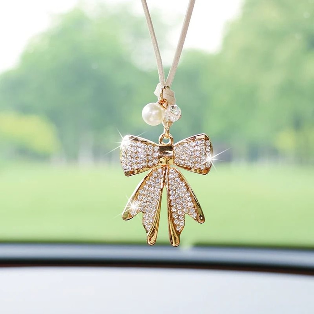 DiamondEncrusted Bowknot Luxury Car Mirror Pendant 0