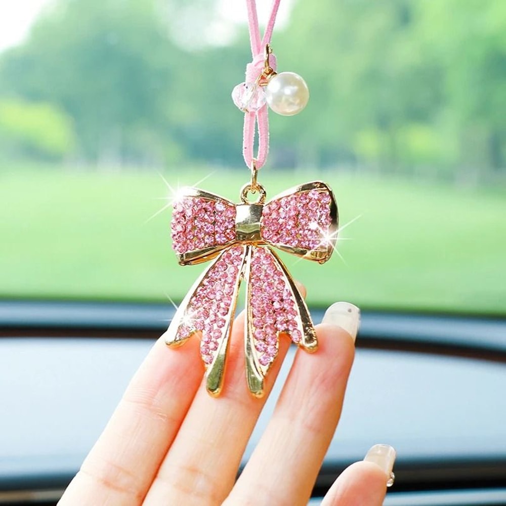 DiamondEncrusted Bowknot Luxury Car Mirror Pendant 1