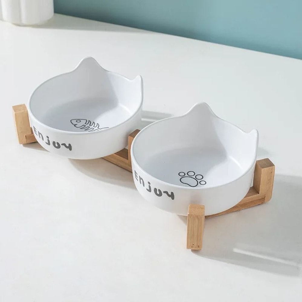 Ceramic Double Bowl Set With Wood Stand 5